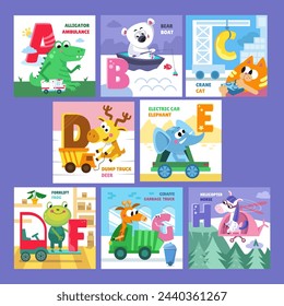 Letter set. Alphabet, cards with cute cartoon style characters. Animals and transport. ABC. Education for children. Preschool activity. Vector illustrations.