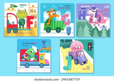 Letter set. Alphabet, cards with cute cartoon style characters. Animals and transport. ABC. Education for children. Preschool activity. Vector illustrations.