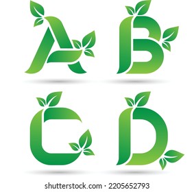Letter set A B C and D green concept includes leaves