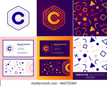 Letter set C logo element with business card. Vector design template