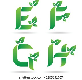 Letter set E F G and H green concept includes leaves