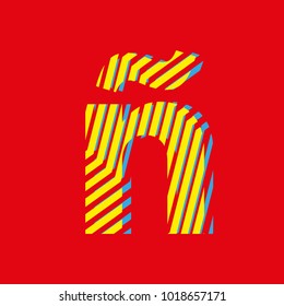 letter Ñ, set of letters texture with zebra effect, decorative letter with yellow and blue lines red background vector, editable