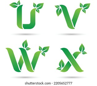 Letter set U V W and X green concept includes leaves