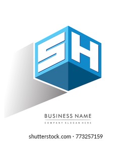 Letter SH logo in hexagon shape and blue background, cube logo with letter design for company identity.
