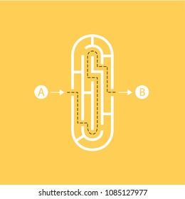 Letter I shape Maze Labyrinth, maze with one way to entrance and one way to exit. Flat design, vector illustration.