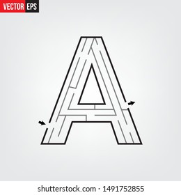 Letter A shape Maze Labyrinth, maze with one way to entrance and one way to exit. Flat design, vector illustration.