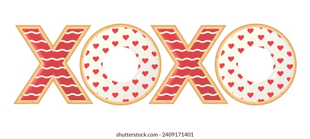 Letter shaped cookies with red and white royal icing. Cake for lovers, for Valentine's day, wedding, anniversary, party, romantic date, event. Text xoxo