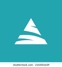 Letter A shaped like a mountain vector logo within light blue background. Logo for outdoor equipment, mountain hiker organization, and climber.