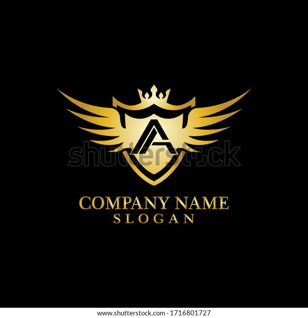 Letter A Shield, Wing and\
Crown gold in elegant style with black background for Business Logo\
Template Design, Emblem, Design concept, Creative Symbol,\
Icon