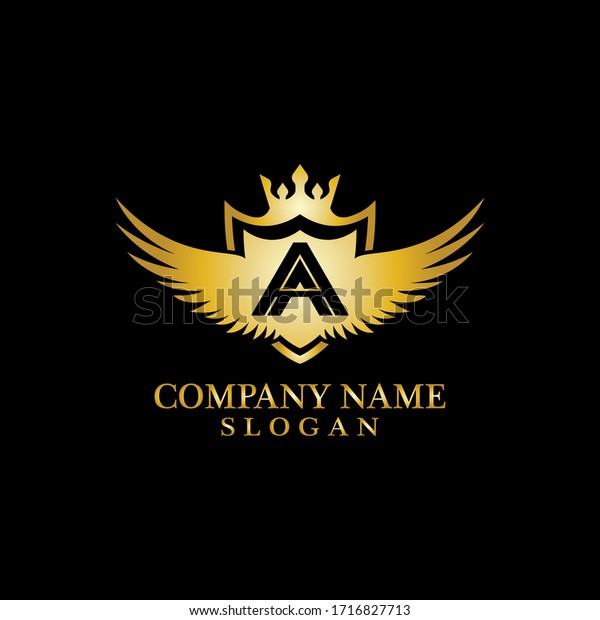 Letter A Shield, Wing and
Crown gold in elegant style with black background for Business Logo
Template Design, Emblem, Design concept, Creative Symbol,
Icon