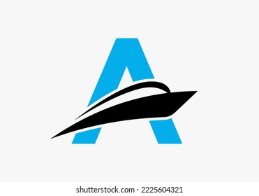 Letter A Shipping Logo Sailboat Symbol. Nautical Ship Sailing Boat Icon