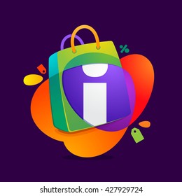 I letter with shopping bag icon and Sale tag. 