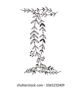 Letter I sign design template. A letter collected from branches with leaves. Black and white silhouette