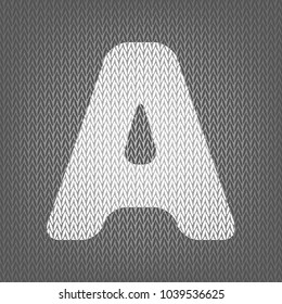 Letter A sign design template element. Vector. White knitted icon on gray knitted background. Isolated.