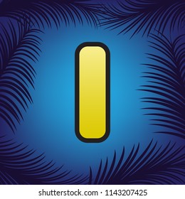 Letter I sign design template element. Vector. Golden icon with black contour at blue background with branches of palm trees.