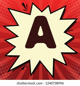 Letter A sign design template element. Vector. Dark red icon in lemon chiffon shutter bubble at red popart background with rays.