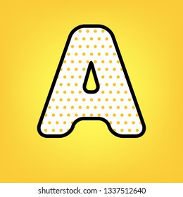 Letter A sign design template element. Vector. Yellow polka dot white icon with black contour at warm yellow background.
