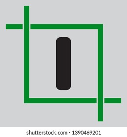Letter I sign design template element. Black icon inside green crop tool at light gray background