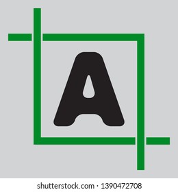Letter A sign design template element. Black icon inside green crop tool at light gray background
