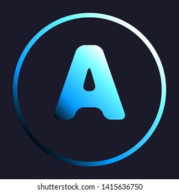 Letter A sign design template element. White, cyan and blue gradient icon as round button in white shell at dark blue background. Illustration.