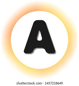 Letter A sign design template element. Dark icon with shadow on the glowing circle button. Illustration.