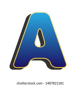 Letter A sign design template element. Blue icon with gold contour with dark gray shadow at white background. Illustration.