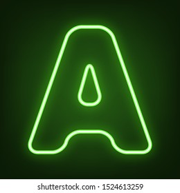 Letter A sign design template element. Green neon icon in the dark. Blurred lightening. Illustration.