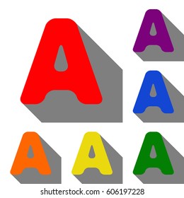 Letter A sign design template element. Set of red, orange, yellow, green, blue and violet icons at white background with flat shadow.