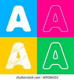 Letter A sign design template element. Four styles of icon on four color squares.