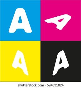 Letter A sign design template element. Vector. White icon with isometric projections on cyan, magenta, yellow and black backgrounds.