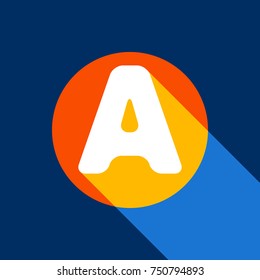 Letter A sign design template element. Vector. White icon on tangelo circle with infinite shadow of light at cool black background. Selective yellow and bright navy blue are produced.
