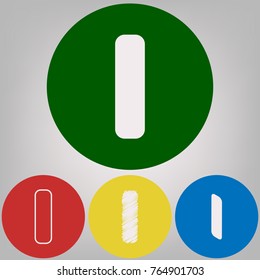 Letter I sign design template element. Vector. 4 white styles of icon at 4 colored circles on light gray background.
