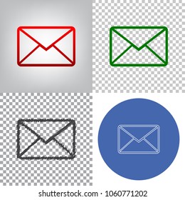 Letter sign illustration. Vector. 4 styles. Red gradient in radial lighted background, green flat and gray scribble icons on transparent and linear one in blue circle.