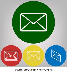 Letter sign illustration. Vector. 4 white styles of icon at 4 colored circles on light gray background.