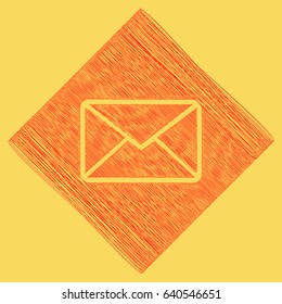 Letter sign illustration. Vector. Red scribble icon obtained as a result of subtraction rhomb and path. Royal yellow background.