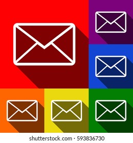 Letter sign illustration. Vector. Set of icons with flat shadows at red, orange, yellow, green, blue and violet background.