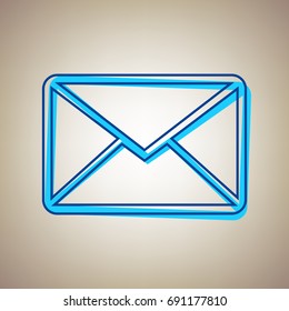 Letter sign illustration. Vector. Sky blue icon with defected blue contour on beige background.
