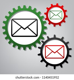 Letter sign illustration. Vector. Three connected gears with icons at grayish background.