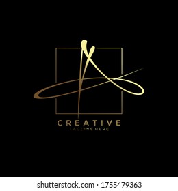 letter A signature gold, minimalist luxurious linked inside gold square line 