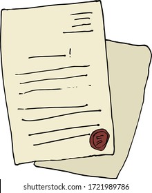 Letter with signature and seal. Document. Color flat vector illustration. Cartoon isolated on a white background.