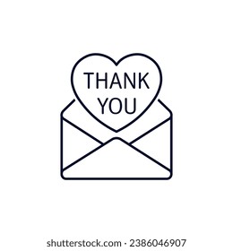 Letter of sincere gratitude. Thank you.  Vector linear illustration icon isolated on white background.