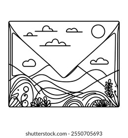 letter single continuous line art. Romantic one sketch ine drawing, black white vector illustration