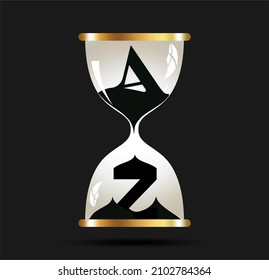 The letter A sinks into the hourglass and turns into the letter Z. Finance clock, countdown concept deadline. Vector illustration.