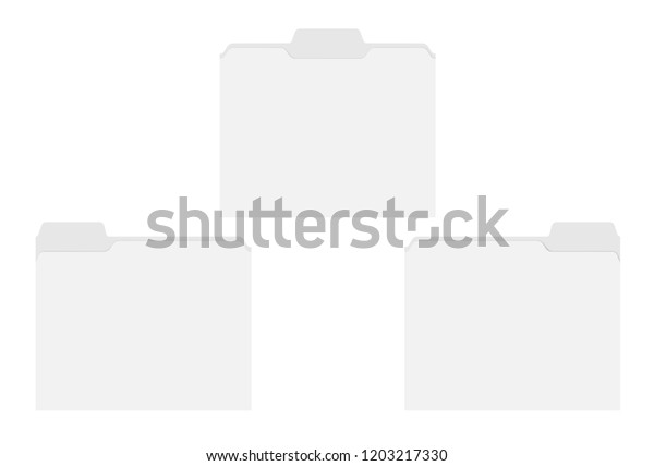 Letter size blank file folders with assorted\
position cut tabs isolated on white background, template. Empty\
document cases mockup