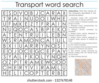 Letter size word search puzzle with hidden words related to transports, clued by written hints. Answer included.