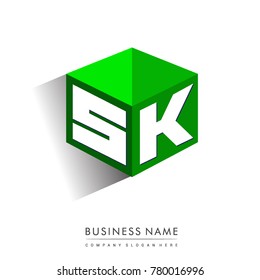 Letter SK logo in hexagon shape and green background, cube logo with letter design for company identity.
