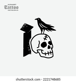 The letter I with a skull head on it has a black crow, black and white style