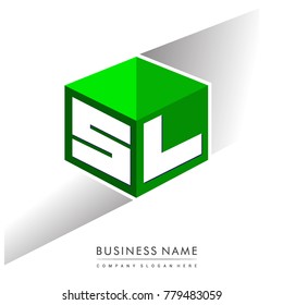 Letter SL logo in hexagon shape and green background, cube logo with letter design for company identity.
