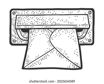 letter slot with mail letter paper envelope sketch engraving vector illustration. T-shirt apparel print design. Scratch board imitation. Black and white hand drawn image.