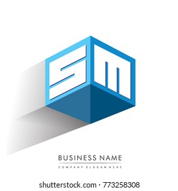 Letter SM logo in hexagon shape and blue background, cube logo with letter design for company identity.
